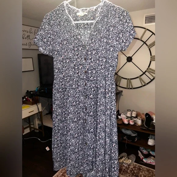 Indigo Rose Floral Cottagecore Button Front Short Sleeve Dress Size MP - Picture 2 of 5